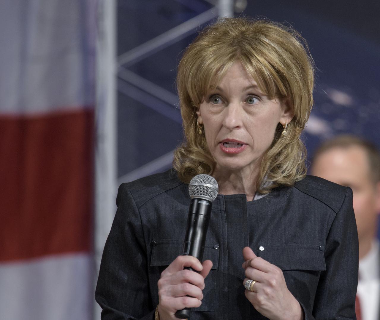 Boeing Defense, Space and Security President and CEO Leanne Caret gives remarks during a NASA event announcing the astronauts assigned to crew the first flight tests and missions of the Boeing CST-100 Starliner and SpaceX Crew Dragon, Friday, Aug. 3, 2018 at NASA’s Johnson Space Center in Houston, Texas. Photo Credit: (NASA/Bill Ingalls)
