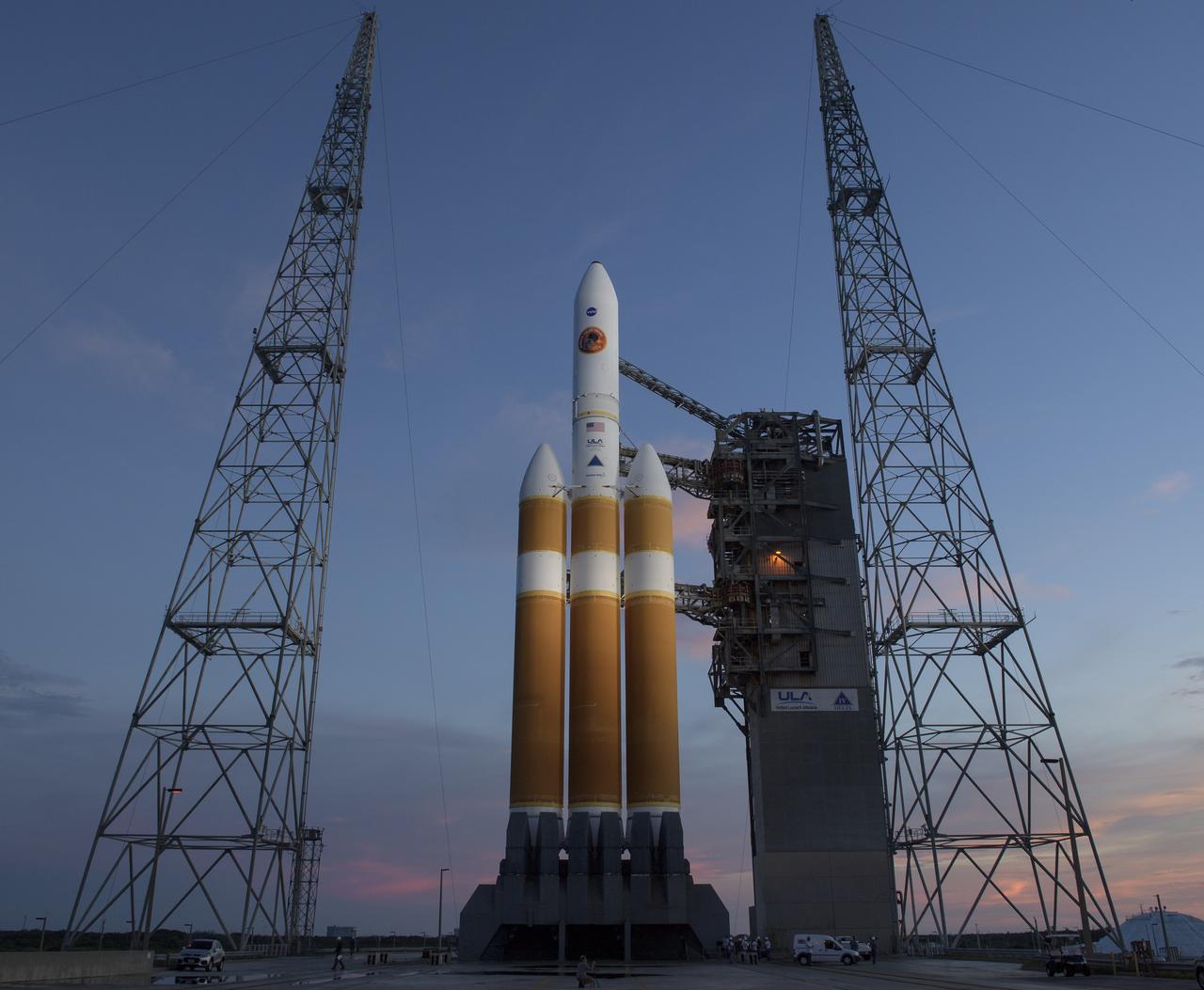 The United Launch Alliance Delta IV Heavy rocket with the Parker Solar Probe onboard is seen shortly after the Mobile Service Tower was  rolled back, Friday, Aug. 10, 2018, Launch Complex 37 at Cape Canaveral Air Force Station in Florida. Parker Solar Probe is humanity’s first-ever mission into a part of the Sun’s atmosphere called the corona.  Here it will directly explore solar processes that are key to understanding and forecasting space weather events that can impact life on Earth. Photo Credit: (NASA/Bill Ingalls)