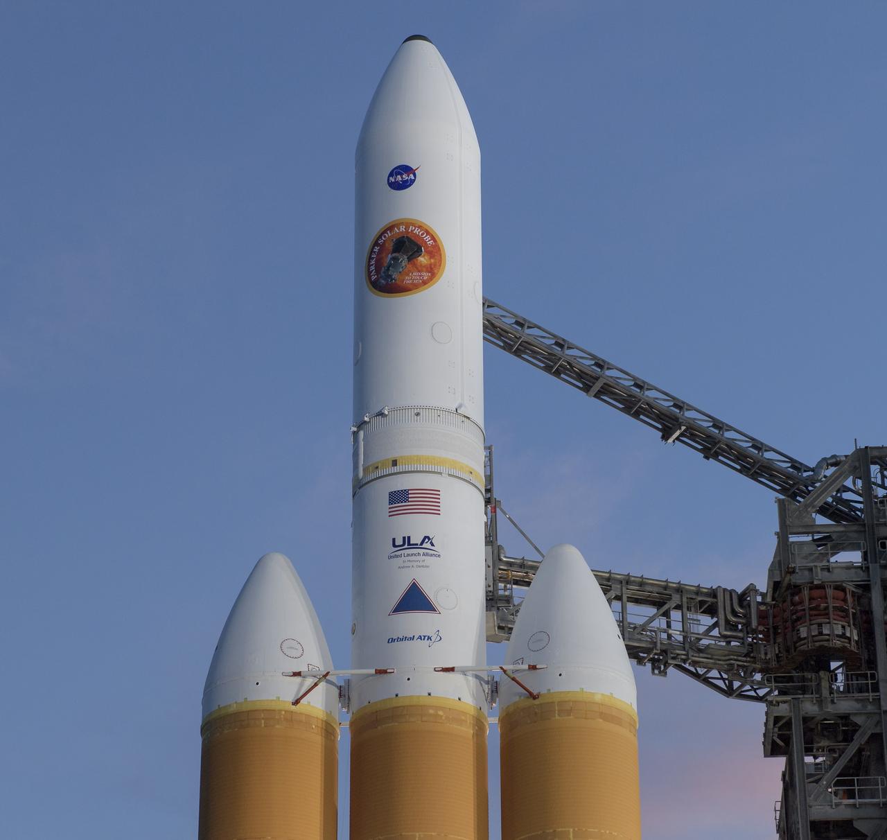 The Mobile Service Tower is rolled back to reveal the United Launch Alliance Delta IV Heavy rocket with the Parker Solar Probe onboard, Friday, Aug. 10, 2018, Launch Complex 37 at Cape Canaveral Air Force Station in Florida. Parker Solar Probe is humanity’s first-ever mission into a part of the Sun’s atmosphere called the corona.  Here it will directly explore solar processes that are key to understanding and forecasting space weather events that can impact life on Earth. Photo Credit: (NASA/Bill Ingalls)