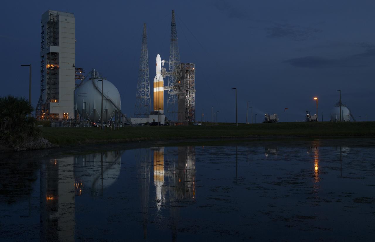 The United Launch Alliance Delta IV Heavy rocket with the Parker Solar Probe onboard is seen shortly after the Mobile Service Tower was  rolled back, Friday, Aug. 10, 2018, Launch Complex 37 at Cape Canaveral Air Force Station in Florida. Parker Solar Probe is humanity’s first-ever mission into a part of the Sun’s atmosphere called the corona.  Here it will directly explore solar processes that are key to understanding and forecasting space weather events that can impact life on Earth. Photo Credit: (NASA/Bill Ingalls)