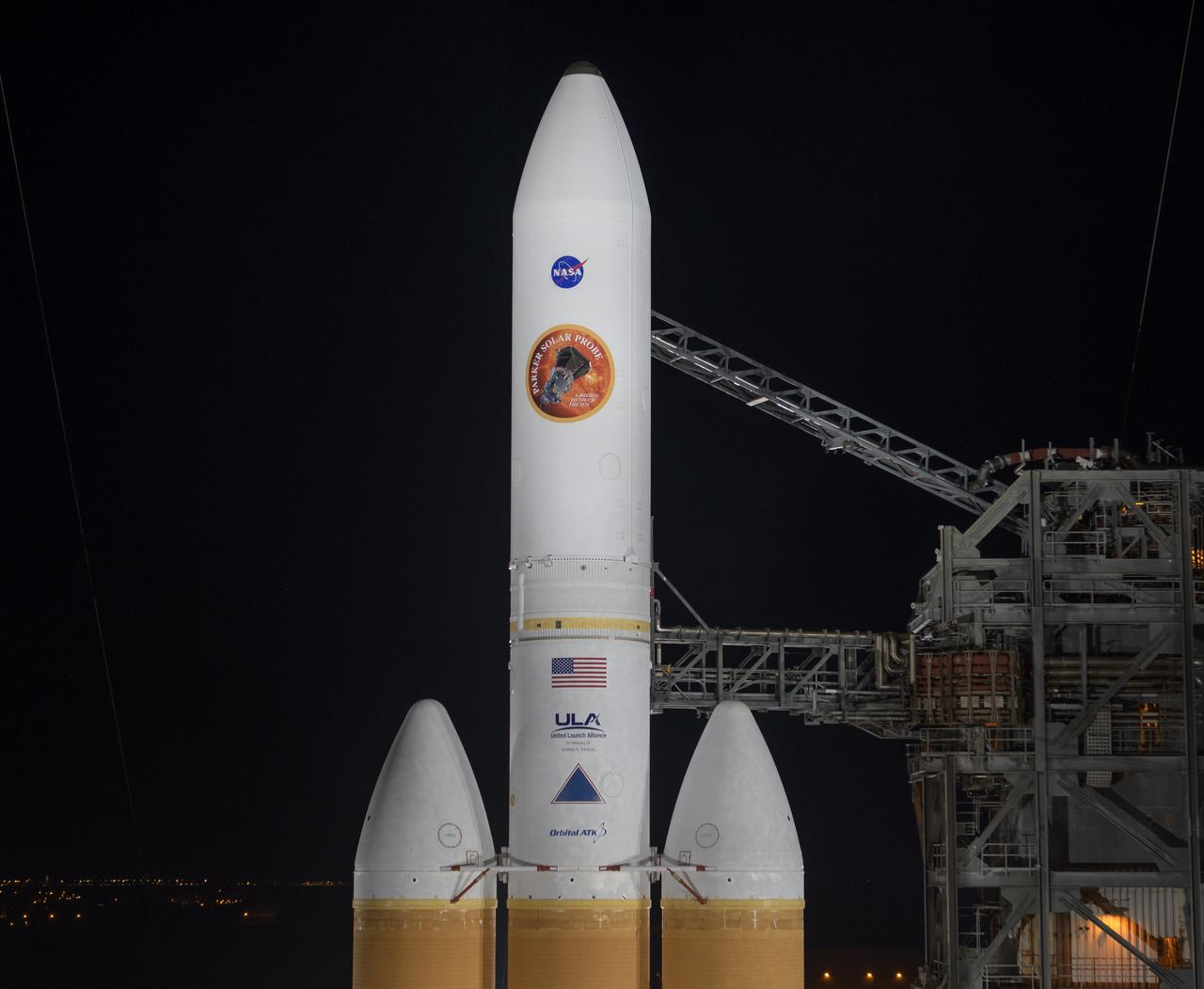 The Mobile Service Tower is rolled back to reveal the United Launch Alliance Delta IV Heavy rocket with the Parker Solar Probe onboard, Saturday, Aug. 11, 2018, Launch Complex 37 at Cape Canaveral Air Force Station in Florida. Parker Solar Probe is humanity’s first-ever mission into a part of the Sun’s atmosphere called the corona.  Here it will directly explore solar processes that are key to understanding and forecasting space weather events that can impact life on Earth. Photo Credit: (NASA/Bill Ingalls)