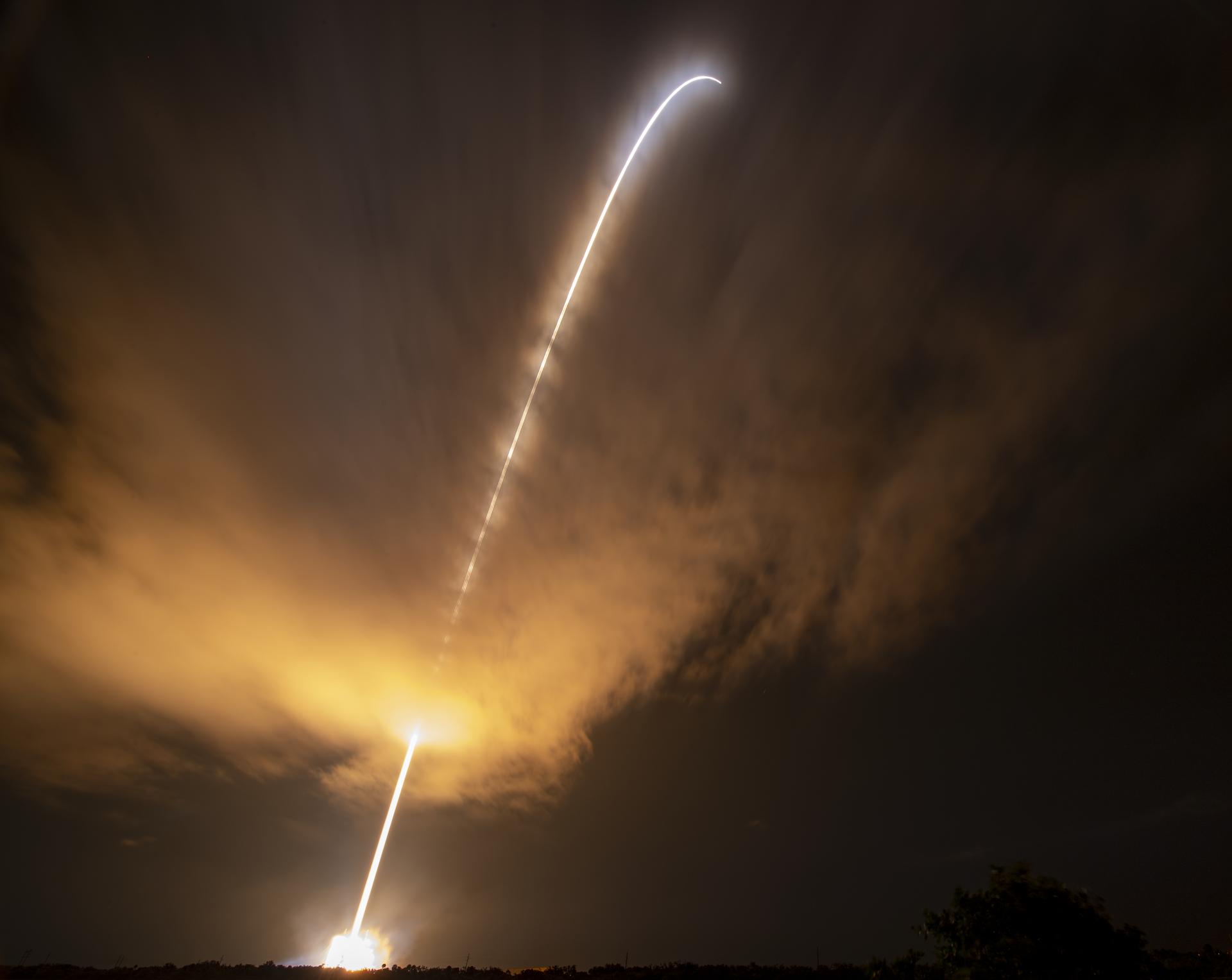 The United Launch Alliance Delta IV Heavy rocket is seen in this long exposure photograph as it launches NASA's Parker Solar Probe to touch the Sun, Sunday, Aug. 12, 2018 from Launch Complex 37 at Cape Canaveral Air Force Station, Florida. Parker Solar Probe is humanity’s first-ever mission into a part of the Sun’s atmosphere called the corona. Here it will directly explore solar processes that are key to understanding and forecasting space weather events that can impact life on Earth. Photo Credit: (NASA/Bill Ingalls)