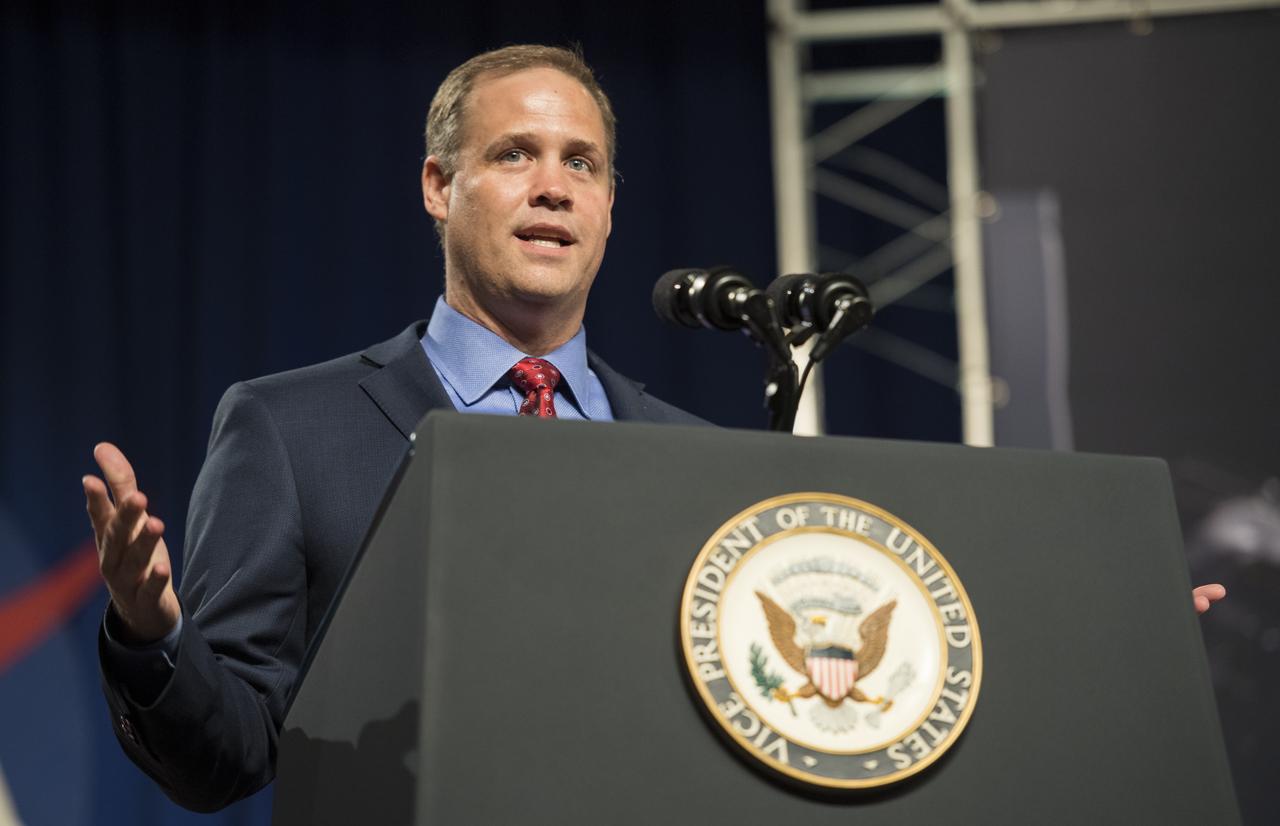 NASA Administrator Jim Bridenstine delivers remarks prior to introducing Vice President Mike Pence in the Teague Auditorium at NASA's Johnson Space Center, Thursday, Aug. 23, 2018 in Houston, Texas. Vice President Pence spoke about the future of human space exploration and the agency’s plans to return to the Moon as a forerunner to future human missions to Mars, stating that “soon and very soon American astronauts will return to space on American rockets launched from American soil."  Photo Credit: (NASA/Joel Kowsky)