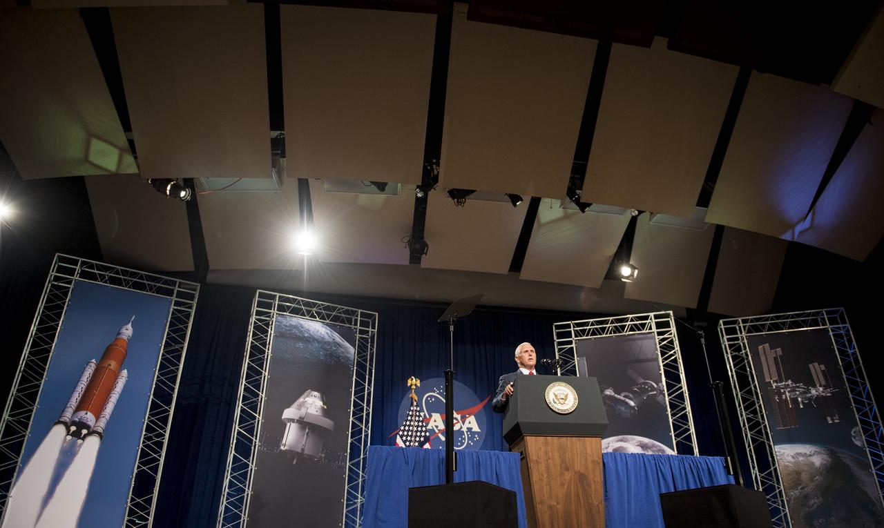 Vice President Mike Pence speaks in the Teague Auditorium at NASA's Johnson Space Center, Thursday, Aug. 23, 2018 in Houston, Texas. Vice President Pence spoke about the future of human space exploration and the agency’s plans to return to the Moon as a forerunner to future human missions to Mars, stating that “soon and very soon American astronauts will return to space on American rockets launched from American soil."  Photo Credit: (NASA/Joel Kowsky)