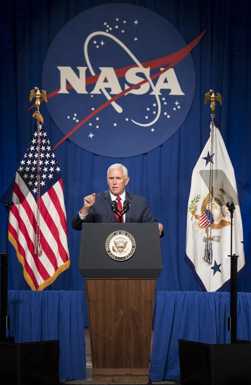 Vice President Mike Pence speaks in the Teague Auditorium at NASA's Johnson Space Center, Thursday, Aug. 23, 2018 in Houston, Texas. Vice President Pence spoke about the future of human space exploration and the agency’s plans to return to the Moon as a forerunner to future human missions to Mars, stating that “soon and very soon American astronauts will return to space on American rockets launched from American soil."  Photo Credit: (NASA/Joel Kowsky)