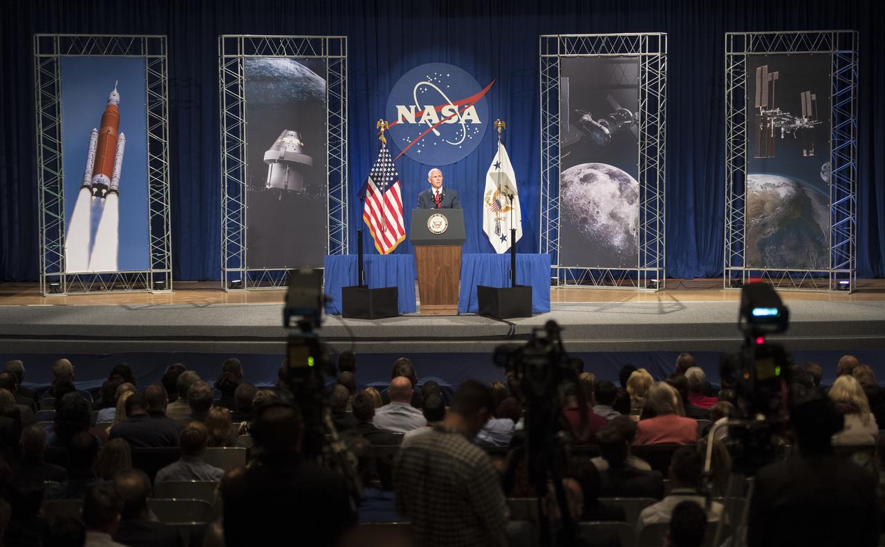 Vice President Mike Pence speaks in the Teague Auditorium at NASA's Johnson Space Center, Thursday, Aug. 23, 2018 in Houston, Texas. Vice President Pence spoke about the future of human space exploration and the agency’s plans to return to the Moon as a forerunner to future human missions to Mars, stating that “soon and very soon American astronauts will return to space on American rockets launched from American soil."  Photo Credit: (NASA/Joel Kowsky)