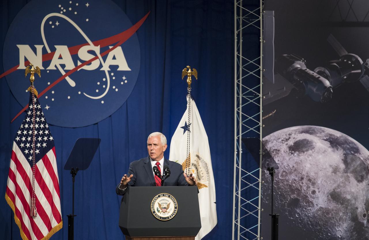 Vice President Mike Pence speaks in the Teague Auditorium at NASA's Johnson Space Center, Thursday, Aug. 23, 2018 in Houston, Texas. Vice President Pence spoke about the future of human space exploration and the agency’s plans to return to the Moon as a forerunner to future human missions to Mars, stating that “soon and very soon American astronauts will return to space on American rockets launched from American soil."  Photo Credit: (NASA/Joel Kowsky)