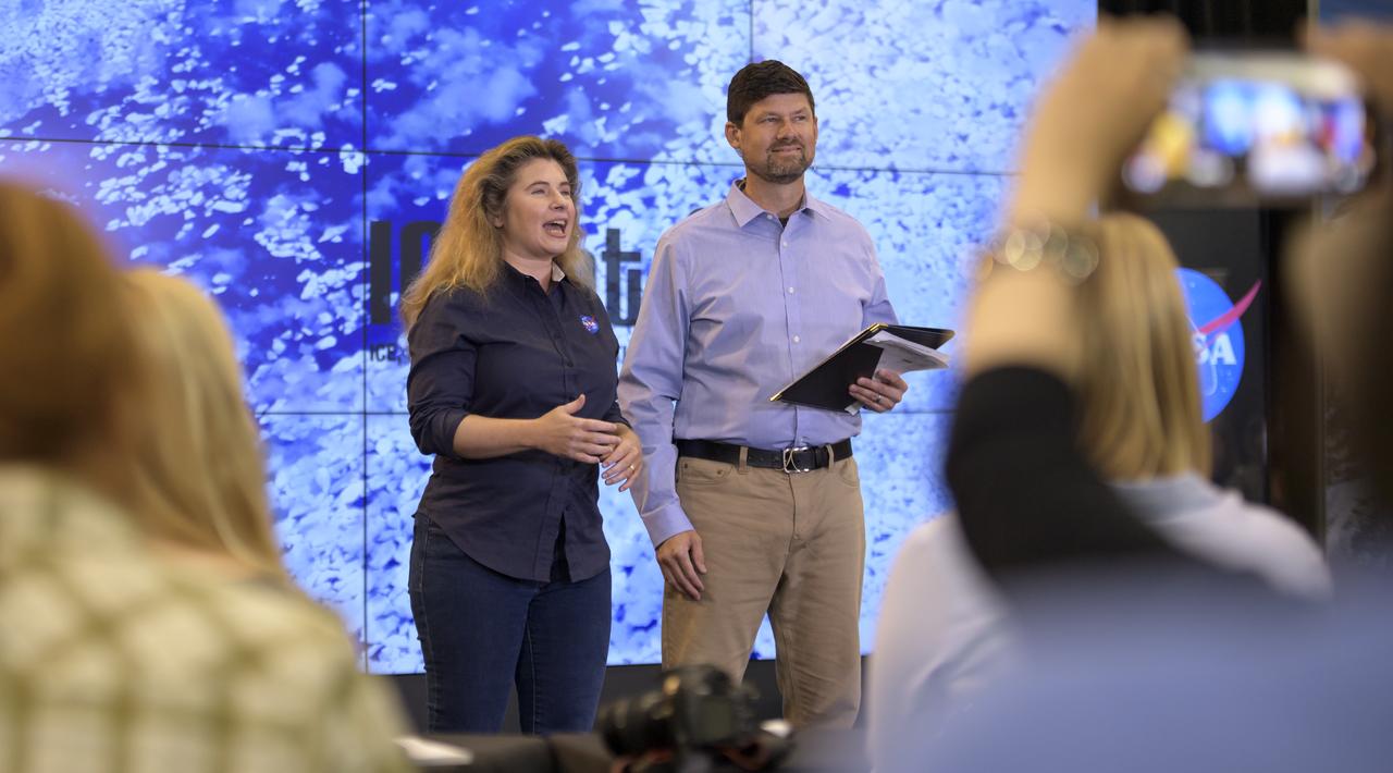 NASA Scientist Michelle Thaller and Tom Wagner, ICESat-2 Program Scientist, NASA Headquarters are seen during a NASA Ice, Cloud and land Elevation Satellite-2 (ICESat-2) prelaunch briefing, Thursday, Sept. 13, 2018, at Vandenberg Air Force Base in California. The ICESat-2 mission will measure the changing height of Earth's ice. Photo Credit: (NASA/Bill Ingalls)