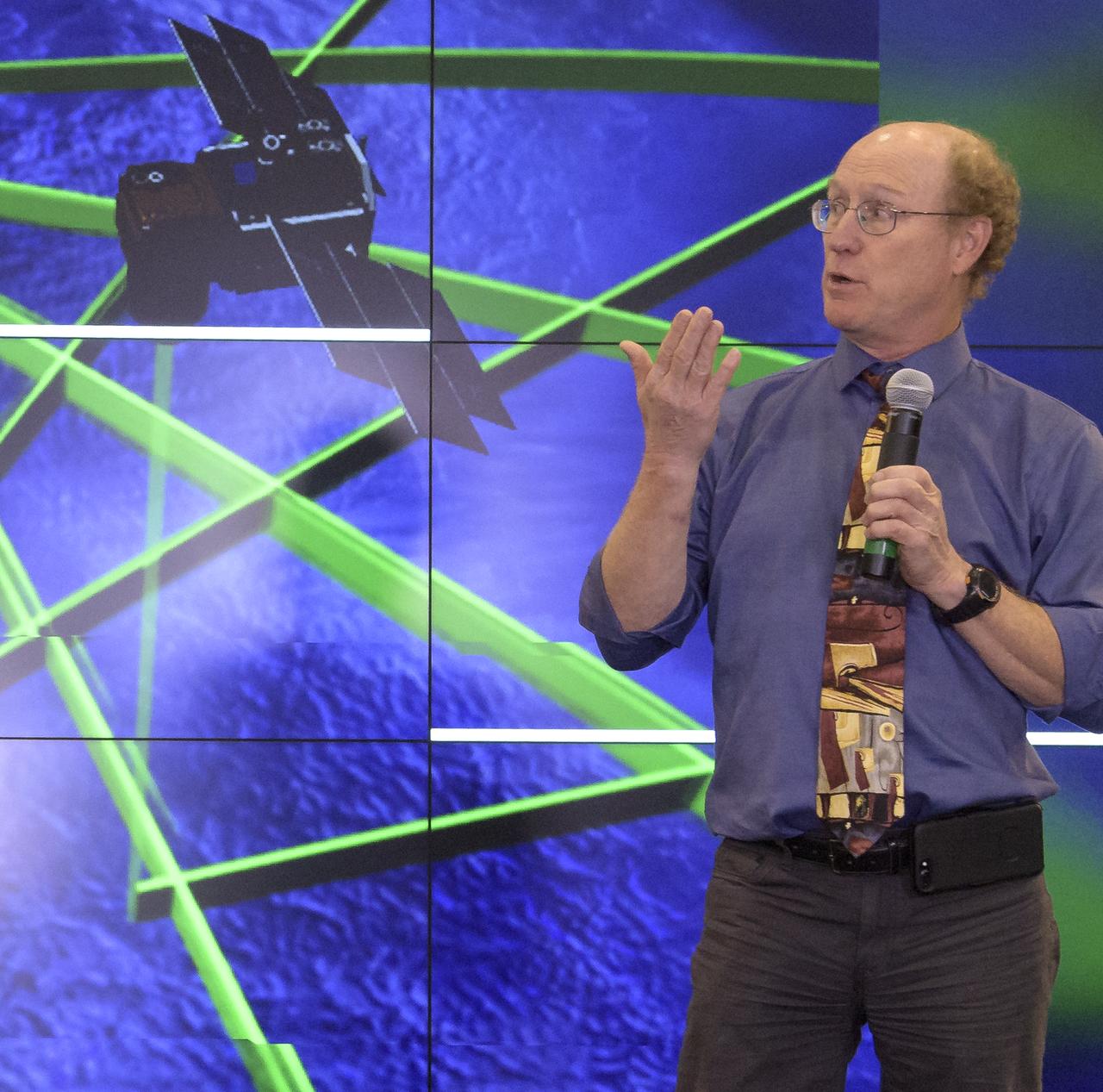 Doug McLennan, ICESat-2 Project Manager, NASA's Goddard Space Flight Center, is seen during a NASA Ice, Cloud and land Elevation Satellite-2 (ICESat-2) prelaunch briefing, Thursday, Sept. 13, 2018, at Vandenberg Air Force Base in California. The ICESat-2 mission will measure the changing height of Earth's ice. Photo Credit: (NASA/Bill Ingalls)
