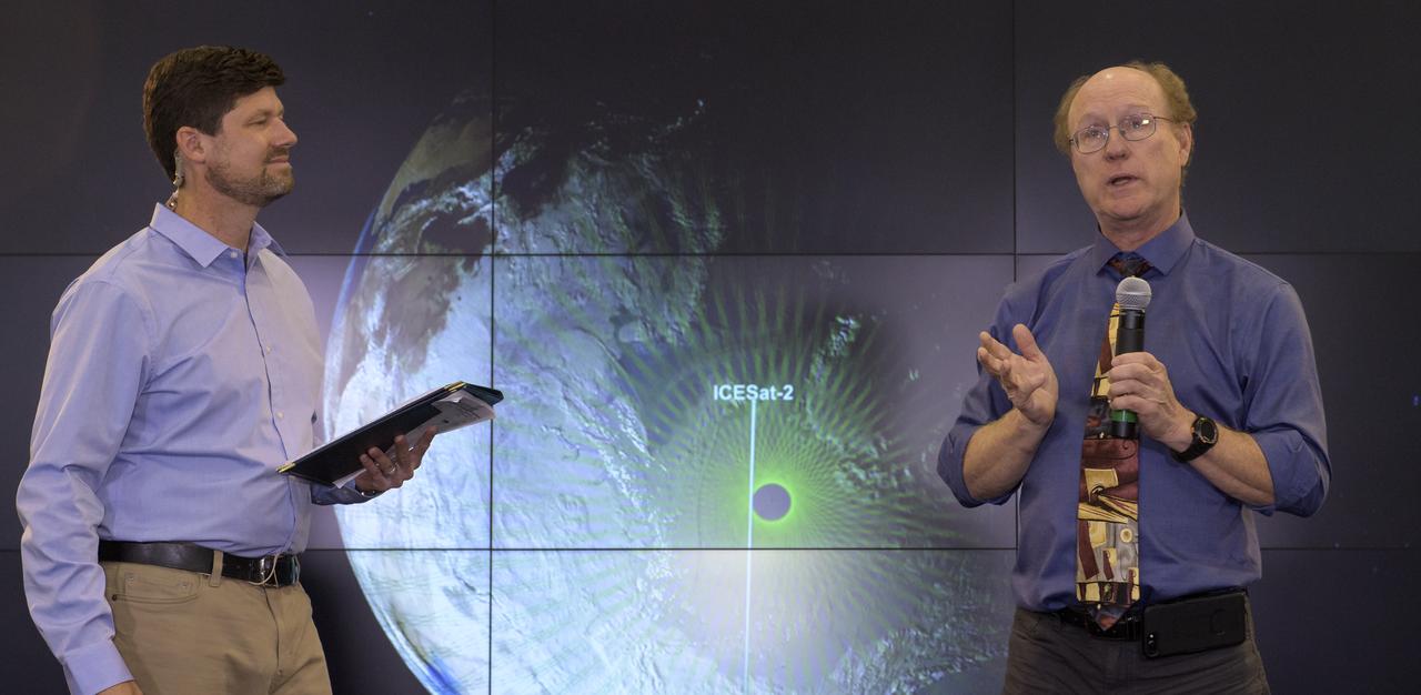 Tom Wagner, ICESat-2 Program Scientist, NASA Headquarters, left, and Doug McLennan, ICESat-2 Project Manager, NASA's Goddard Space Flight Center, are seen during a NASA Ice, Cloud and land Elevation Satellite-2 (ICESat-2) prelaunch briefing, Thursday, Sept. 13, 2018, at Vandenberg Air Force Base in California. The ICESat-2 mission will measure the changing height of Earth's ice. Photo Credit: (NASA/Bill Ingalls)