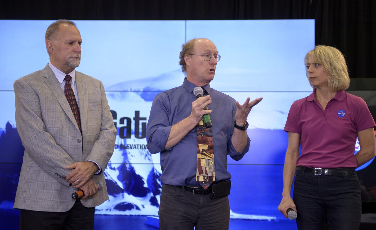 Bill Barnhart, ICESat-2 Program Manager, Northrop Grumman, left, Doug McLennan, ICESat-2 Project Manager, NASA's Goddard Space Flight Center, center, and Cathy Richardson, Deputy Program Manager, Earth Science Projects Division, NASA's Goddard Space Flight Center, are seen during a NASA Ice, Cloud and land Elevation Satellite-2 (ICESat-2) prelaunch briefing, Thursday, Sept. 13, 2018, at Vandenberg Air Force Base in California. The ICESat-2 mission will measure the changing height of Earth's ice. Photo Credit: (NASA/Bill Ingalls)