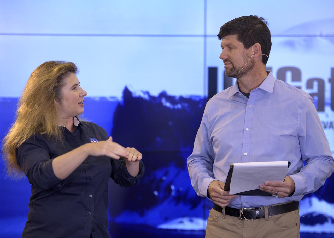 NASA Scientist Michelle Thaller and Tom Wagner, ICESat-2 Program Scientist, NASA Headquarters are seen during a NASA Ice, Cloud and land Elevation Satellite-2 (ICESat-2) prelaunch briefing, Thursday, Sept. 13, 2018, at Vandenberg Air Force Base in California. The ICESat-2 mission will measure the changing height of Earth's ice. Photo Credit: (NASA/Bill Ingalls)