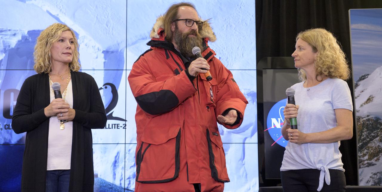 Lori Magruder, ICESat-2 Science Definition Team Lead, University of Texas, left, Tom Neumann, ICESat-2 Deputy Project Scientist, NASA's Goddard Space Flight Center, and Helen Fricker, ICESat-2 Science Definition Team Member, Scripps Institution of Oceanography, are seen during a NASA Ice, Cloud and land Elevation Satellite-2 (ICESat-2) prelaunch briefing, Thursday, Sept. 13, 2018, at Vandenberg Air Force Base in California. The ICESat-2 mission will measure the changing height of Earth's ice. Photo Credit: (NASA/Bill Ingalls)