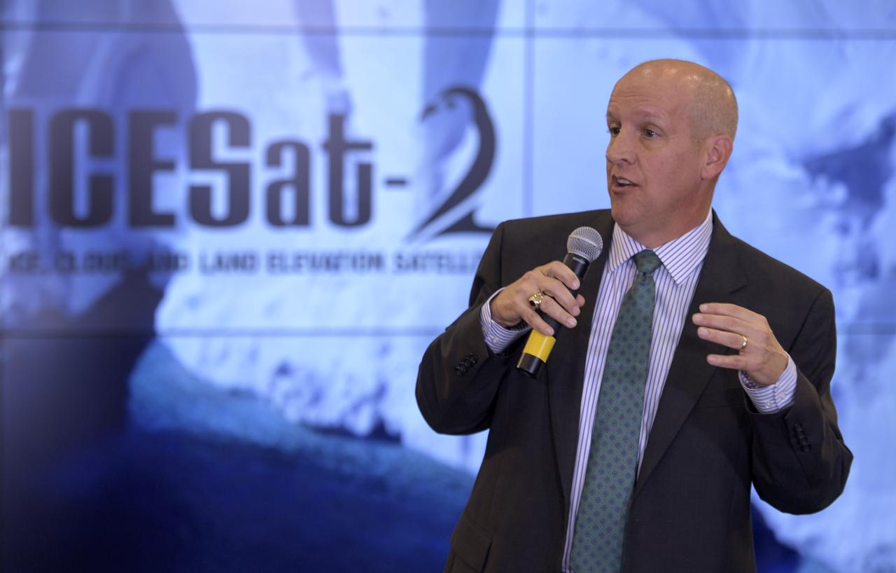 Tim Dunn, Launch Director, NASA's Kennedy Space Center, is seen during a NASA Ice, Cloud and land Elevation Satellite-2 (ICESat-2) prelaunch briefing, Thursday, Sept. 13, 2018, at Vandenberg Air Force Base in California. The ICESat-2 mission will measure the changing height of Earth's ice. Photo Credit: (NASA/Bill Ingalls)