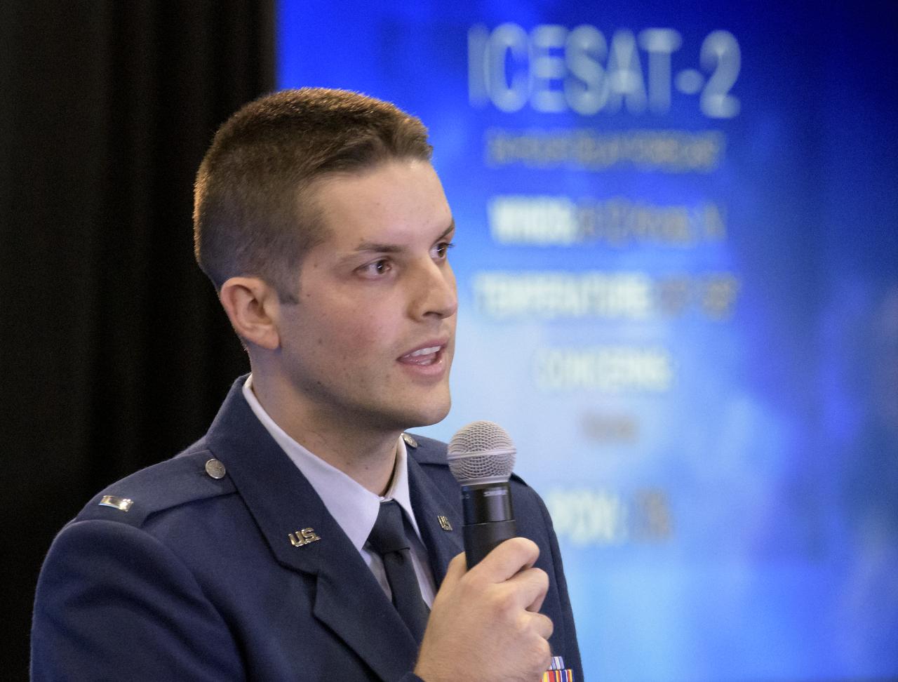 1st Lt. Daniel Smith, Weather Officer, 30th Space Wing, Vandenberg Air Force Base, is seen during a NASA Ice, Cloud and land Elevation Satellite-2 (ICESat-2) prelaunch briefing, Thursday, Sept. 13, 2018, at Vandenberg Air Force Base in California. The ICESat-2 mission will measure the changing height of Earth's ice. Photo Credit: (NASA/Bill Ingalls)
