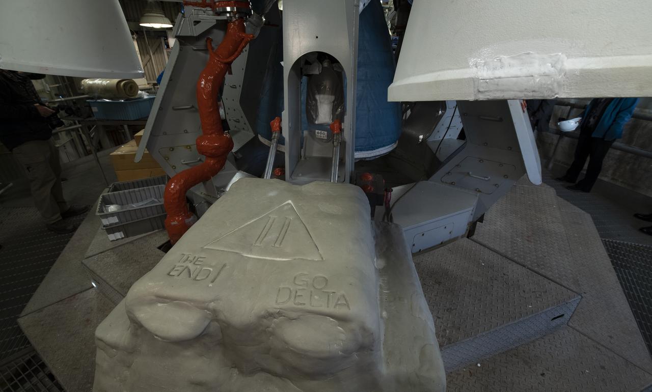 Base of the SLC-2 launch pad is embossed with well wishes for the final launch of the United Launch Alliance Delta II rocket, Thursday, Sept. 13, 2018, at Vandenberg Air Force Base in California. ULA launched NASA's Ice, Cloud and land Elevation Satellite-2 (ICESat-2) on Saturday, Sept. 15, 2018. The ICESat-2 mission will measure the changing height of Earth's ice. Photo Credit: (NASA/Bill Ingalls)
