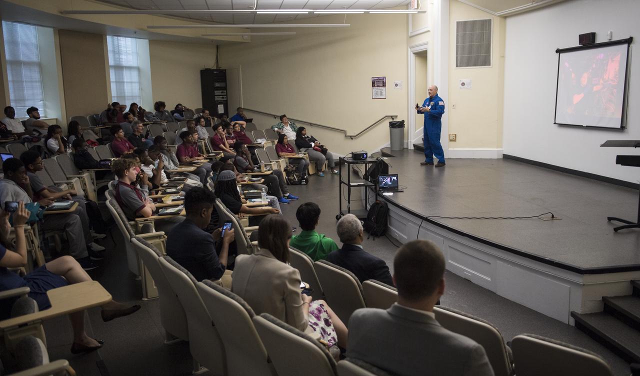 NASA astronaut Scott Tingle speaks to students about his time onboard the International Space Station, Friday, Sept. 14, 2018 at McKinley Technology High School in Washington, DC. Tingle spent 168 days onboard the International Space Station as part of Expeditions 54 and 55.  Photo Credit: (NASA/Joel Kowsky)