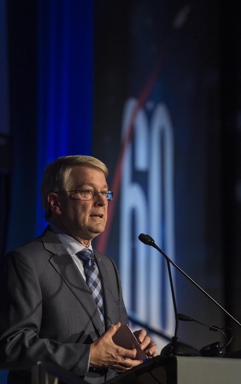 American Institute of Aeronautics and Astronautics (AIAA) President John Langford delivers remarks during a reception hosted by the American Institute of Aeronautics and Astronautics (AIAA) to celebrate NASA's 60th anniversary, Thursday, Sept. 20, 2018 at the Ronald Reagan Building and International Trade Center in Washington, DC.  Photo Credit: (NASA/Joel Kowsky)