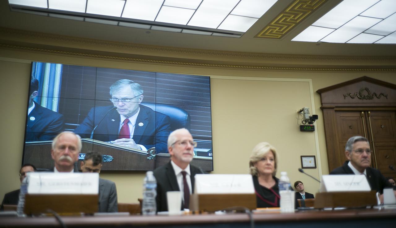 Chairman Brian Babin, R-Texas, asks a question of NASA's Associate Administrator for the Human Exploration and Operations Mission Directorate William Gerstenmaier, left, Mark Geyer, Director of NASA's Johnson Space Center, second from left, Jody Singer, Director of NASA's Marshall Space Flight Center, second from right, and Robert Cabana, Director of NASA's Kennedy Space Center, right, during a House Subcommittee on Space hearing titled "60 Years of NASA Leadership in Human Space Exploration: Past, Present, and Future," Wednesday, Sept. 26, 2018 at the Rayburn House Office Building in Washington. Photo Credit: (NASA/Joel Kowsky)