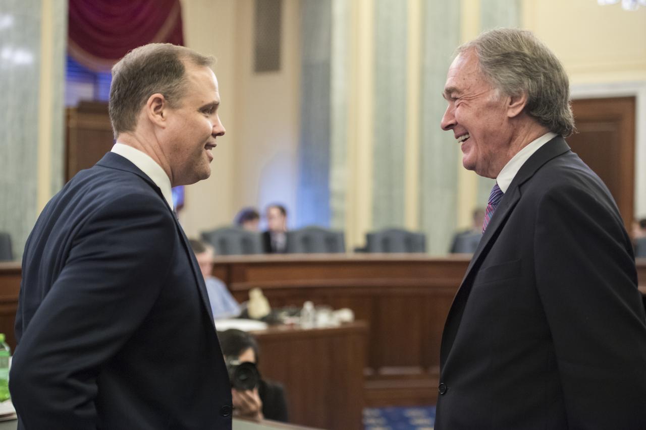NASA Administrator Jim Bridenstine, left, speaks with Senator Ed Markey, D-Mass, before testifying at a Subcommittee on Space, Science, and Competitiveness hearing titled, "Global Space Race: Ensuring the United States Remains the Leader in Space," Wednesday, September 26, 2018 at the Russell Senate Office Building in Washington. Photo Credit: (NASA/Aubrey Gemignani)