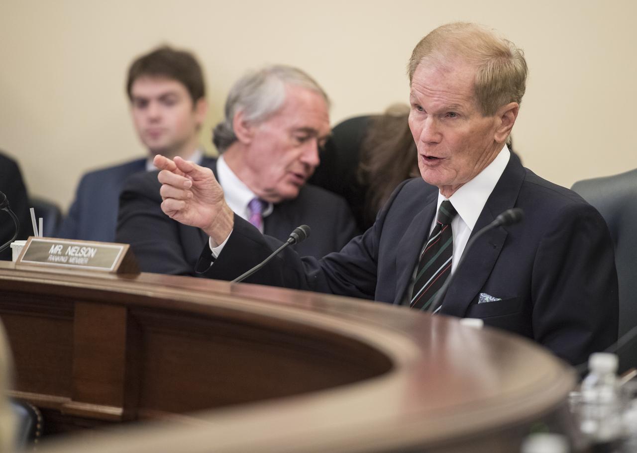 Senator Bill Nelson, D-Fla, asks NASA Administrator Jim Bridenstine a question during a Subcommittee on Space, Science, and Competitiveness hearing titled, "Global Space Race: Ensuring the United States Remains the Leader in Space," Wednesday, September 26, 2018 at the Russell Senate Office Building in Washington. Photo Credit: (NASA/Aubrey Gemignani)
