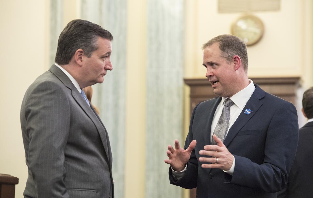 NASA Administrator Jim Bridenstine, right, speaks with Chairman Ted Cruz, R-Texas after testifying at a Subcommittee on Space, Science, and Competitiveness hearing titled, "Global Space Race: Ensuring the United States Remains the Leader in Space," Wednesday, September 26, 2018 at the Russell Senate Office Building in Washington. Photo Credit: (NASA/Aubrey Gemignani)