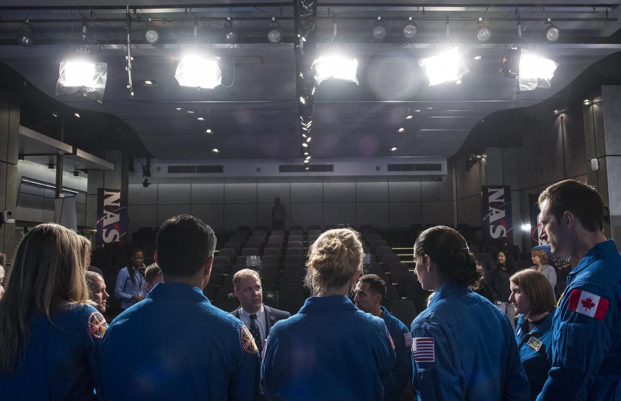 NASA Administrator Jim Bridenstine speaks with NASA and Canadian Space Agency astronaut candidates following a live episode of the Administrator's monthly chat show, Watch This Space, Thursday, Sept. 27, 2018 in the Webb Auditorium at NASA Headquarters in Washington. NASA's newest astronaut candidate class has started their two years of training, after which the new astronaut candidates could be assigned to missions performing research on the International Space Station, launching from American soil on spacecraft built by commercial companies, and launching on deep space missions on NASA’s new Orion spacecraft and Space Launch System rocket. Photo Credit: (NASA/Joel Kowsky)