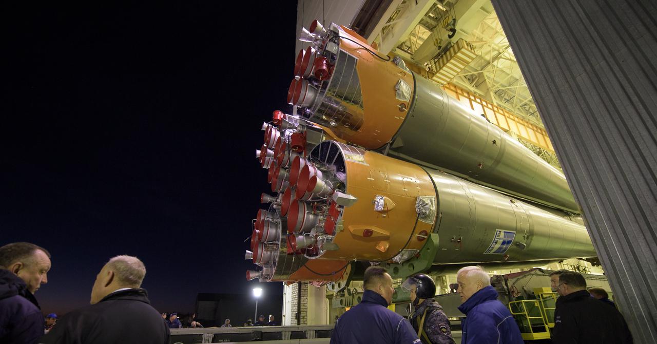 The Soyuz rocket is rolled out by train to the launch pad, Tuesday, Oct. 9, 2018 at the Baikonur Cosmodrome in Kazakhstan. Expedition 57 crewmembers Nick Hague of NASA and Alexey Ovchinin of Roscosmos are scheduled to launch on October 11 and will spend the next six months living and working aboard the International Space Station. Photo Credit: (NASA/Bill Ingalls)