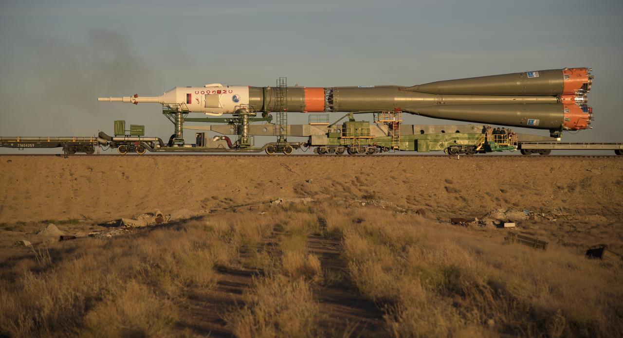 The Soyuz rocket is rolled out by train to the launch pad, Tuesday, Oct. 9, 2018 at the Baikonur Cosmodrome in Kazakhstan. Expedition 57 crewmembers Nick Hague of NASA and Alexey Ovchinin of Roscosmos are scheduled to launch on October 11 and will spend the next six months living and working aboard the International Space Station. Photo Credit: (NASA/Bill Ingalls)