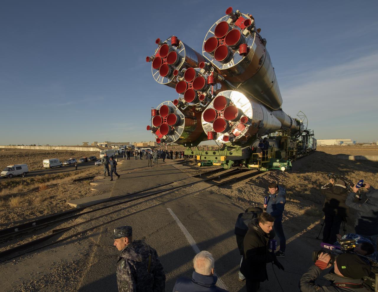 The Soyuz rocket is rolled out by train to the launch pad, Tuesday, Oct. 9, 2018 at the Baikonur Cosmodrome in Kazakhstan. Expedition 57 crewmembers Nick Hague of NASA and Alexey Ovchinin of Roscosmos are scheduled to launch on October 11 and will spend the next six months living and working aboard the International Space Station. Photo Credit: (NASA/Bill Ingalls)