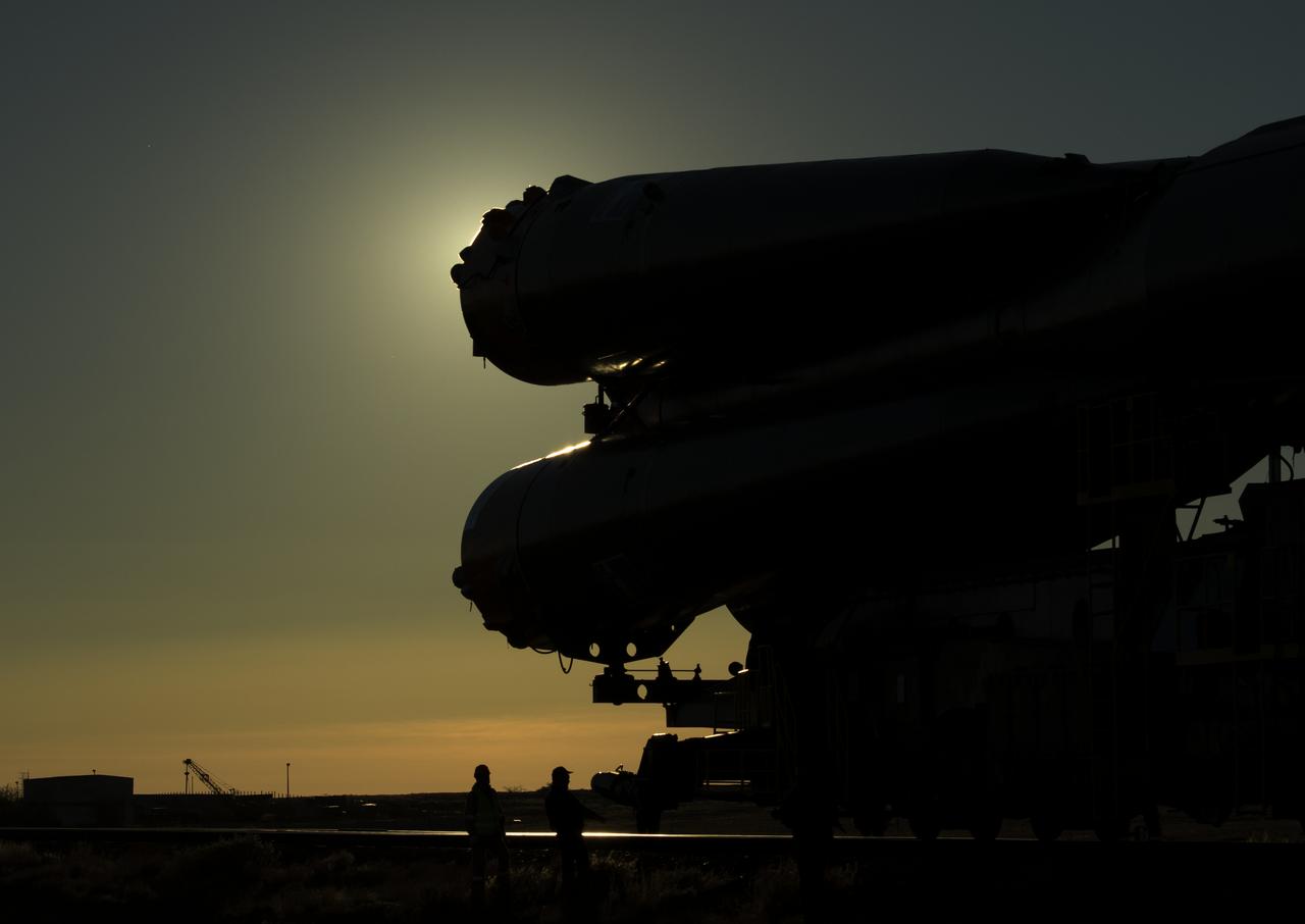 The Soyuz rocket is rolled out by train to the launch pad, Tuesday, Oct. 9, 2018 at the Baikonur Cosmodrome in Kazakhstan. Expedition 57 crewmembers Nick Hague of NASA and Alexey Ovchinin of Roscosmos are scheduled to launch on October 11 and will spend the next six months living and working aboard the International Space Station. Photo Credit: (NASA/Bill Ingalls)