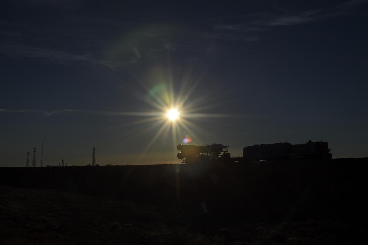The Soyuz rocket is rolled out by train to the launch pad, Tuesday, Oct. 9, 2018 at the Baikonur Cosmodrome in Kazakhstan. Expedition 57 crewmembers Nick Hague of NASA and Alexey Ovchinin of Roscosmos are scheduled to launch on October 11 and will spend the next six months living and working aboard the International Space Station. Photo Credit: (NASA/Bill Ingalls)
