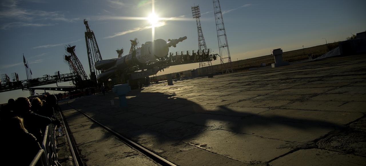 The Soyuz rocket is rolled out by train to the launch pad, Tuesday, Oct. 9, 2018 at the Baikonur Cosmodrome in Kazakhstan. Expedition 57 crewmembers Nick Hague of NASA and Alexey Ovchinin of Roscosmos are scheduled to launch on October 11 and will spend the next six months living and working aboard the International Space Station. Photo Credit: (NASA/Bill Ingalls)