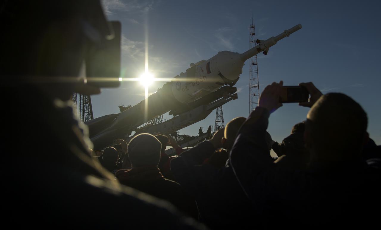 The Soyuz rocket is raised into a vertical position on the launch pad, Tuesday, Oct. 9, 2018 at the Baikonur Cosmodrome in Kazakhstan. Expedition 57 crewmembers Nick Hague of NASA and Alexey Ovchinin of Roscosmos are scheduled to launch on October 11 and will spend the next six months living and working aboard the International Space Station. Photo Credit: (NASA/Bill Ingalls)