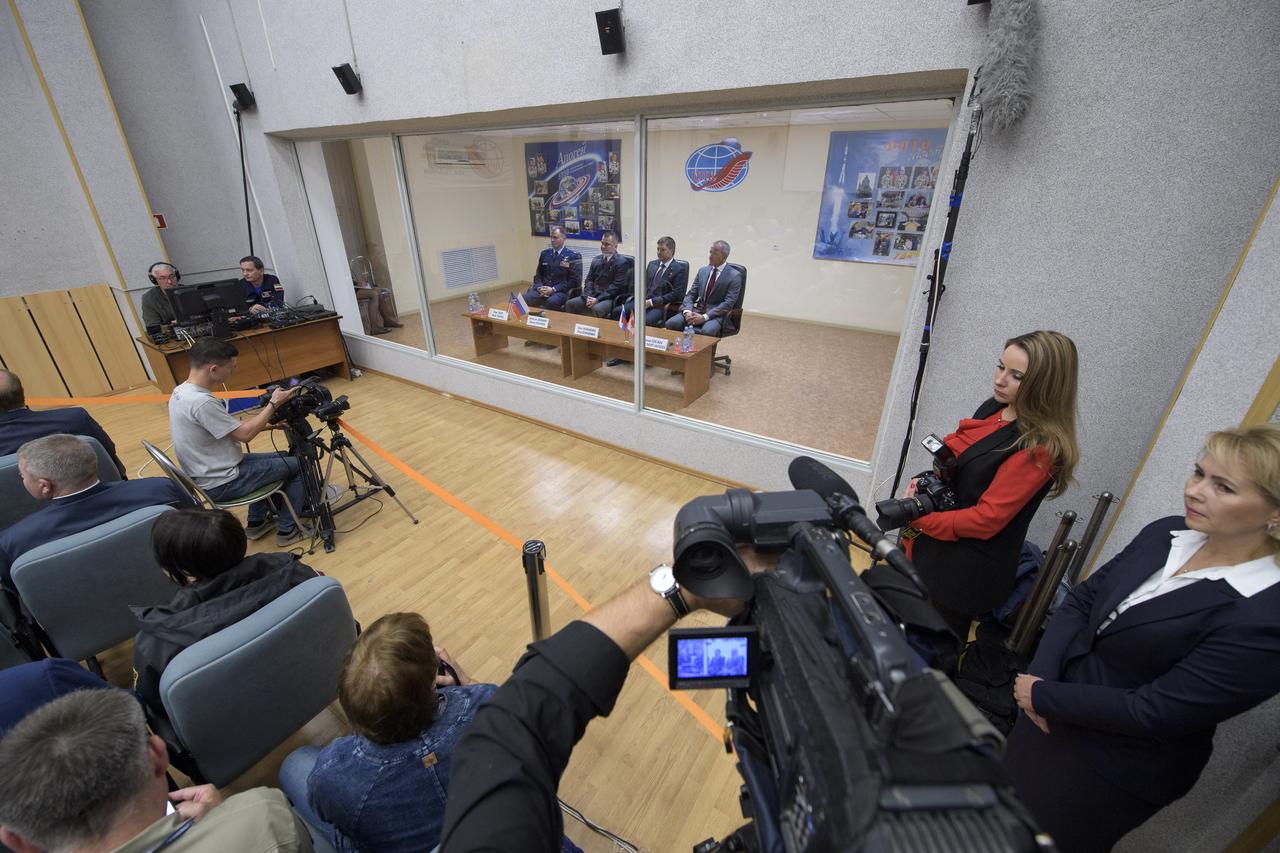 Expedition 57 prime crew members Nick Hague, left, Alexey Ovchinin, second from left, are seen in quarantine with backup crew members Oleg Kononenko, and David Saint-Jacques, right, during the State Commission meeting to approve the Soyuz launch of Expedition 57 to the International Space Station, Wednesday, Oct. 10, 2018 at the Cosmonaut Hotel in Baikonur, Kazakhstan. Hague and Ovchinin are scheduled to launch on October 11 and will spend the next six months living and working aboard the International Space Station. Photo Credit: (NASA/Bill Ingalls)