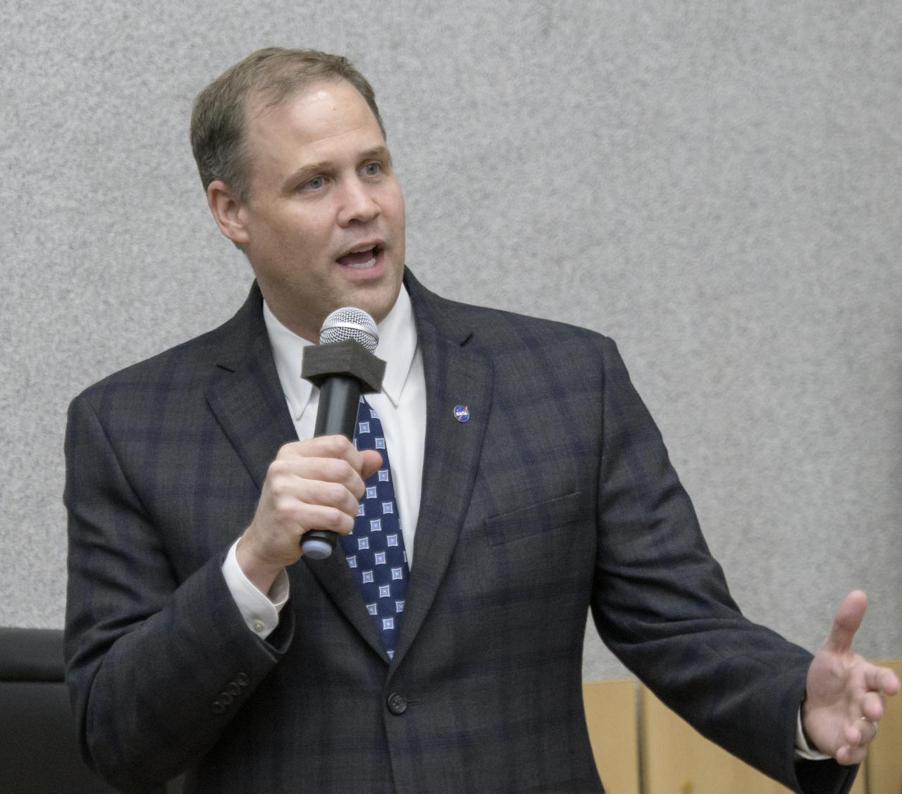 NASA Administrator Jim Bridenstine gives remarks during the State Commission meeting to approve the Soyuz launch of Expedition 57 to the International Space Station, Wednesday, Oct. 10, 2018 at the Cosmonaut Hotel in Baikonur, Kazakhstan. Expedition 57 Flight Engineer Nick Hague of NASA and Flight Engineer Alexey Ovchinin of Roscosmos are scheduled to launch on October 11 and will spend the next six months living and working aboard the International Space Station. Photo Credit: (NASA/Bill Ingalls)