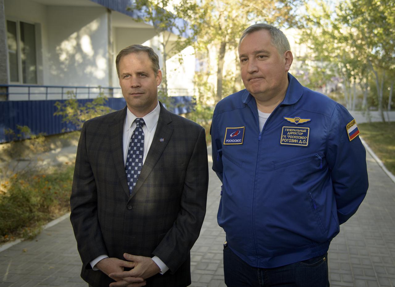 NASA Administrator Jim Bridenstine, left, and Roscosmos Director General Dmitry Rogozin answer questions during a television interview, Wednesday, Oct. 10, 2018 at the Cosmonaut Hotel in Baikonur, Kazakhstan. Brindenstine and Rogozin are in Baikonur to see the launch of Expedition 57 Flight Engineer Nick Hague of NASA and Flight Engineer Alexey Ovchinin of Roscosmos. Photo Credit: (NASA/Bill Ingalls)