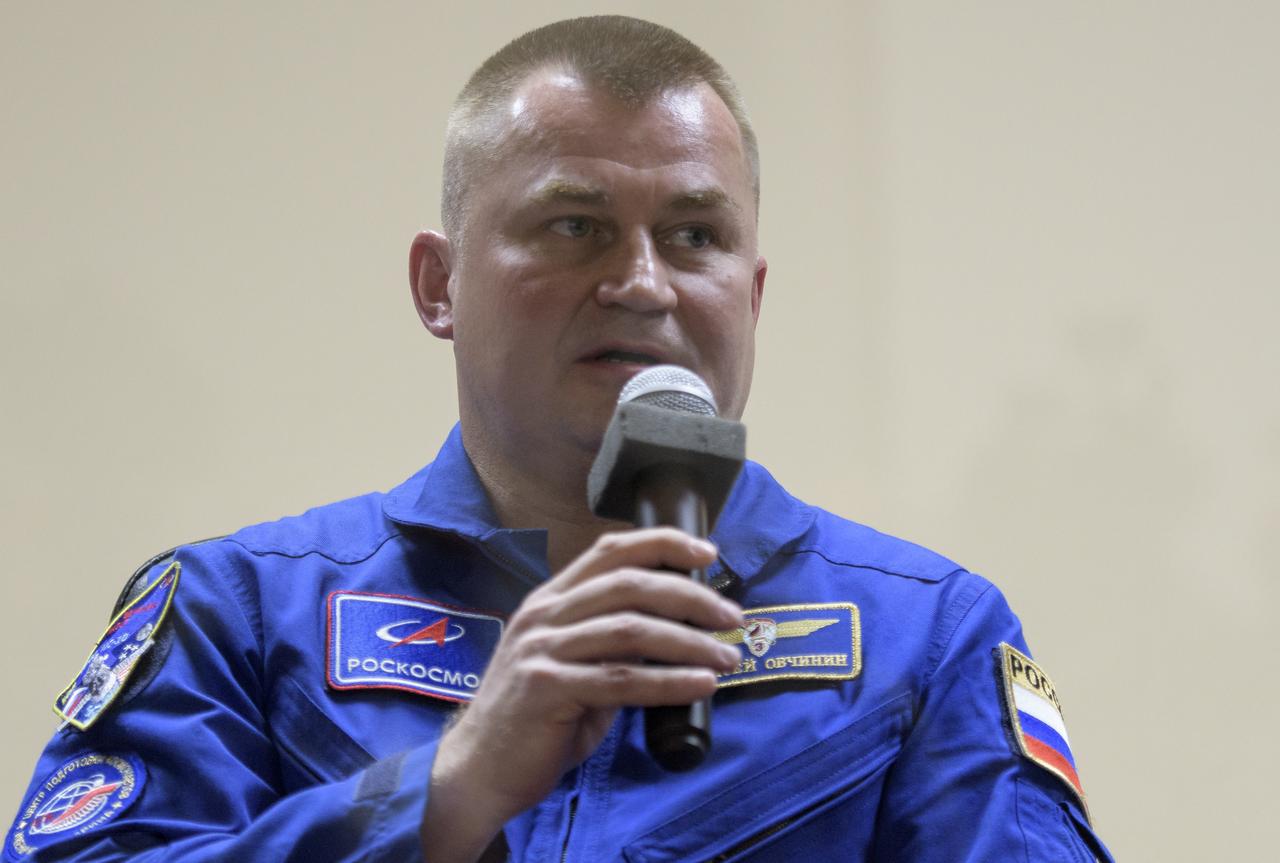 Expedition 57 Flight Engineer Alexey Ovchinin of Roscosmos answers questions during a press conference, Wednesday, Oct. 10, 2018 at the Cosmonaut Hotel in Baikonur, Kazakhstan. Ovchinin and Expedition 57 Flight Engineer Nick Hague of NASA are scheduled to launch on October 11 and will spend the next six months living and working aboard the International Space Station. Photo Credit: (NASA/Bill Ingalls)