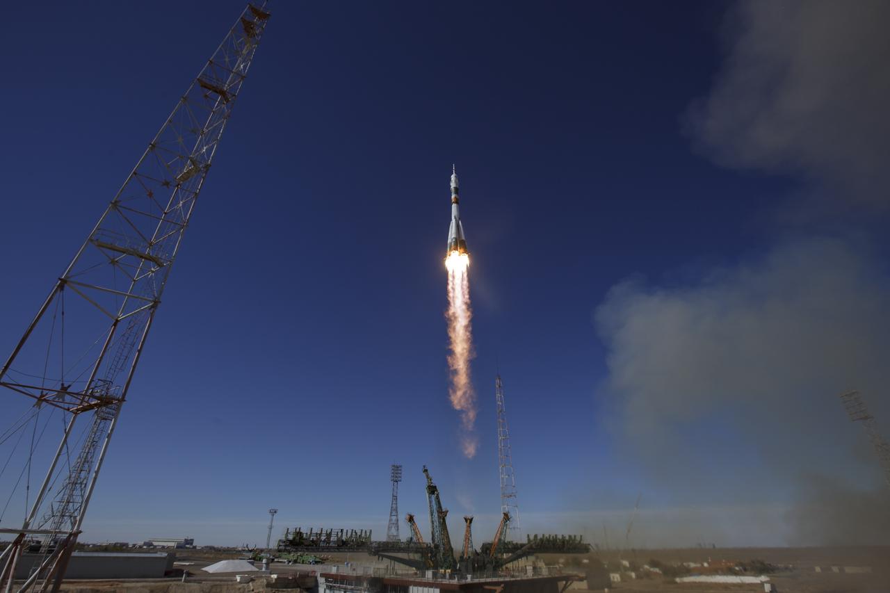 The Soyuz MS-10 spacecraft is launched with Expedition 57 Flight Engineer Nick Hague of NASA and Flight Engineer Alexey Ovchinin of Roscosmos, Thursday, Oct. 11, 2018 at the Baikonur Cosmodrome in Kazakhstan. During the Soyuz spacecraft's climb to orbit, an anomaly occurred, resulting in an abort downrange. The crew was quickly recovered and is in good condition. Photo Credit: (NASA/Bill Ingalls)