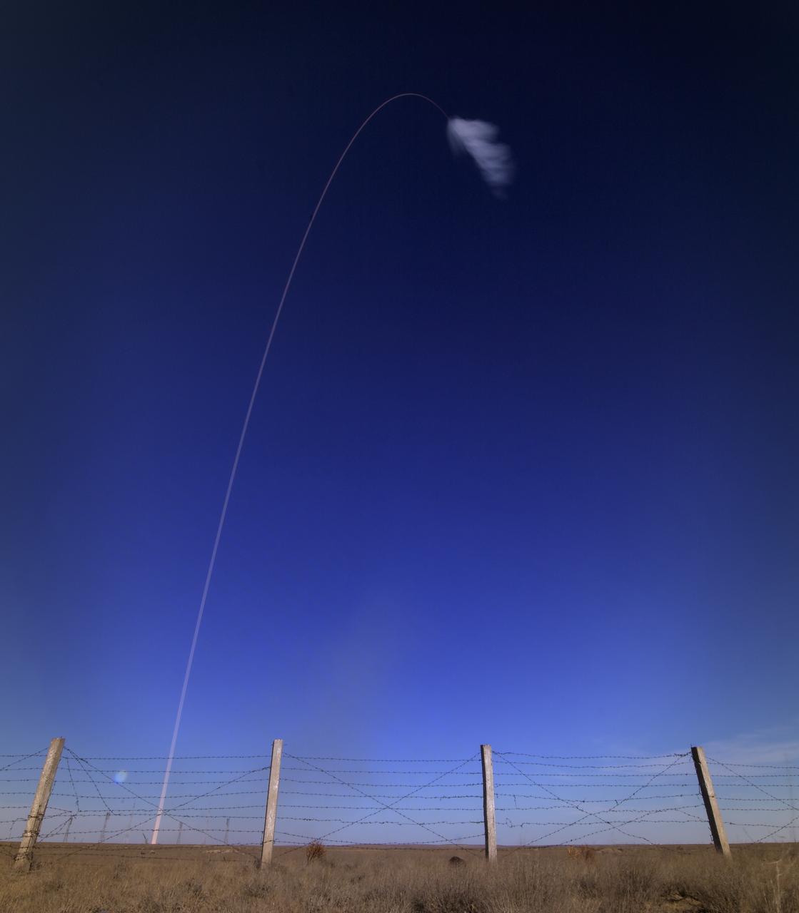 The Soyuz MS-10 spacecraft is seen in this long exposure photograph as it launched with Expedition 57 Flight Engineer Nick Hague of NASA and Flight Engineer Alexey Ovchinin of Roscosmos, Thursday, Oct. 11, 2018 at the Baikonur Cosmodrome in Kazakhstan.  During the Soyuz spacecraft's climb to orbit, an anomaly occurred, resulting in an abort downrange. The crew was quickly recovered and is in good condition. Photo Credit: (NASA/Bill Ingalls)