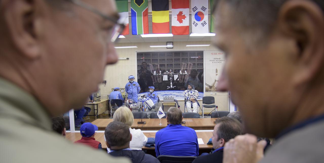 Expedition 57 Flight Engineer Nick Hague of NASA and Flight Engineer Alexey Ovchinin of Roscosmos have their Sokol suits pressure checked ahead of their launch on a Soyuz rocket, Thursday, Oct. 11, 2018 at the Baikonur Cosmodrome in Kazakhstan. During the Soyuz spacecraft's climb to orbit, an anomaly occurred, resulting in an abort downrange. The crew was quickly recovered and is in good condition. Photo Credit: (NASA/Bill Ingalls)
