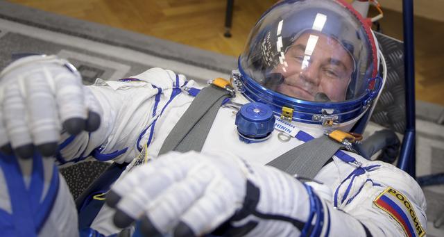 Expedition 57 Flight Engineer Alexey Ovchinin of Roscosmos has his Sokol suits pressure checked for his launch on a Soyuz rocket with Flight Engineer Nick Hague of NASA, Thursday, Oct. 11, 2018 at the Baikonur Cosmodrome in Kazakhstan. During the Soyuz spacecraft's climb to orbit, an anomaly occurred, resulting in an abort downrange. The crew was quickly recovered and is in good condition. Photo Credit: (NASA/GCTC/Irina Spector)
