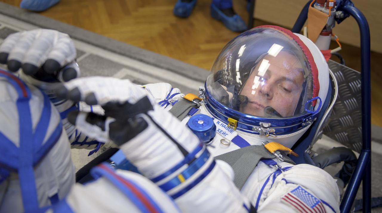 Expedition 57 Flight Engineer Nick Hague of NASA has his Sokol suits pressure checked for his launch on a Soyuz rocket with Flight Engineer Alexey Ovchinin of Roscosmos, Thursday, Oct. 11, 2018 at the Baikonur Cosmodrome in Kazakhstan. During the Soyuz spacecraft's climb to orbit, an anomaly occurred, resulting in an abort downrange. The crew was quickly recovered and is in good condition. Photo Credit: (NASA/GCTC/Irina Spector)