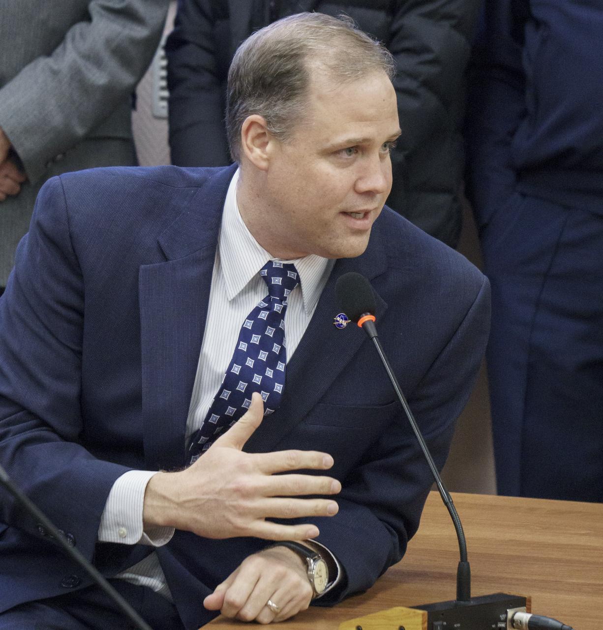 NASA Administrator Jim Bridenstine talks with Expedition 57 Flight Engineer Nick Hague of NASA and Flight Engineer Alexey Ovchinin of Roscosmos prior to their launch on a Soyuz rocket, Thursday, Oct. 11, 2018 at the Baikonur Cosmodrome in Kazakhstan. During the Soyuz spacecraft's climb to orbit, an anomaly occurred, resulting in an abort downrange. The crew was quickly recovered and is in good condition. Photo Credit: (NASA/Victor Zelentsov)