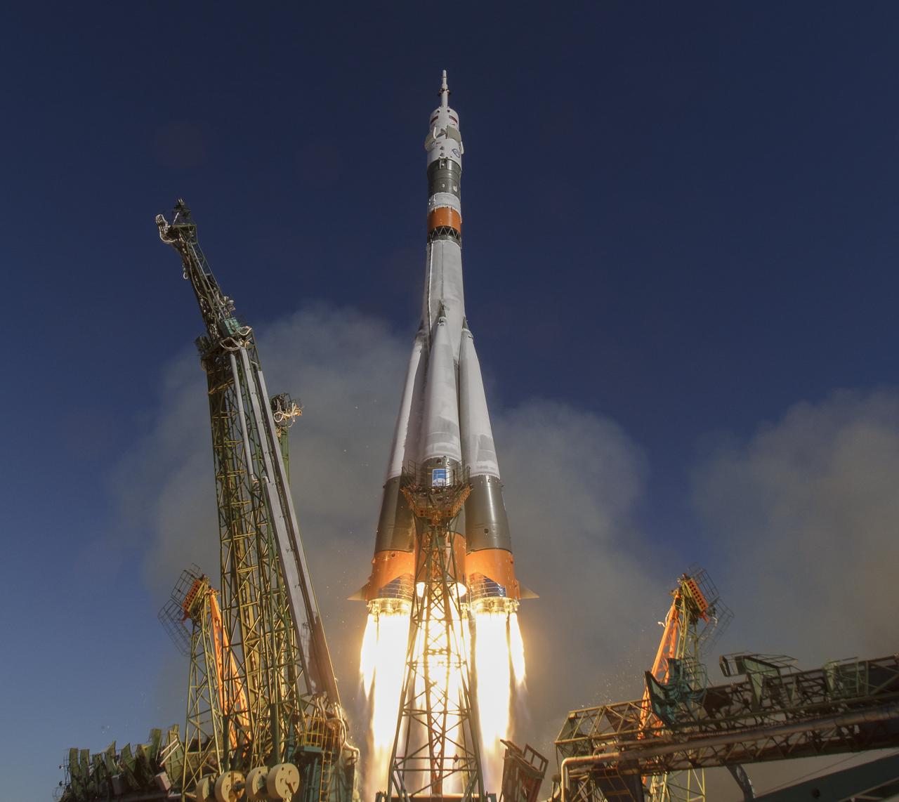 The Soyuz MS-10 spacecraft is launched with Expedition 57 Flight Engineer Nick Hague of NASA and Flight Engineer Alexey Ovchinin of Roscosmos, Thursday, Oct. 11, 2018 at the Baikonur Cosmodrome in Kazakhstan.  During the Soyuz spacecraft's climb to orbit, an anomaly occurred, resulting in an abort downrange. The crew was quickly recovered and is in good condition. Photo Credit: (NASA/Bill Ingalls)