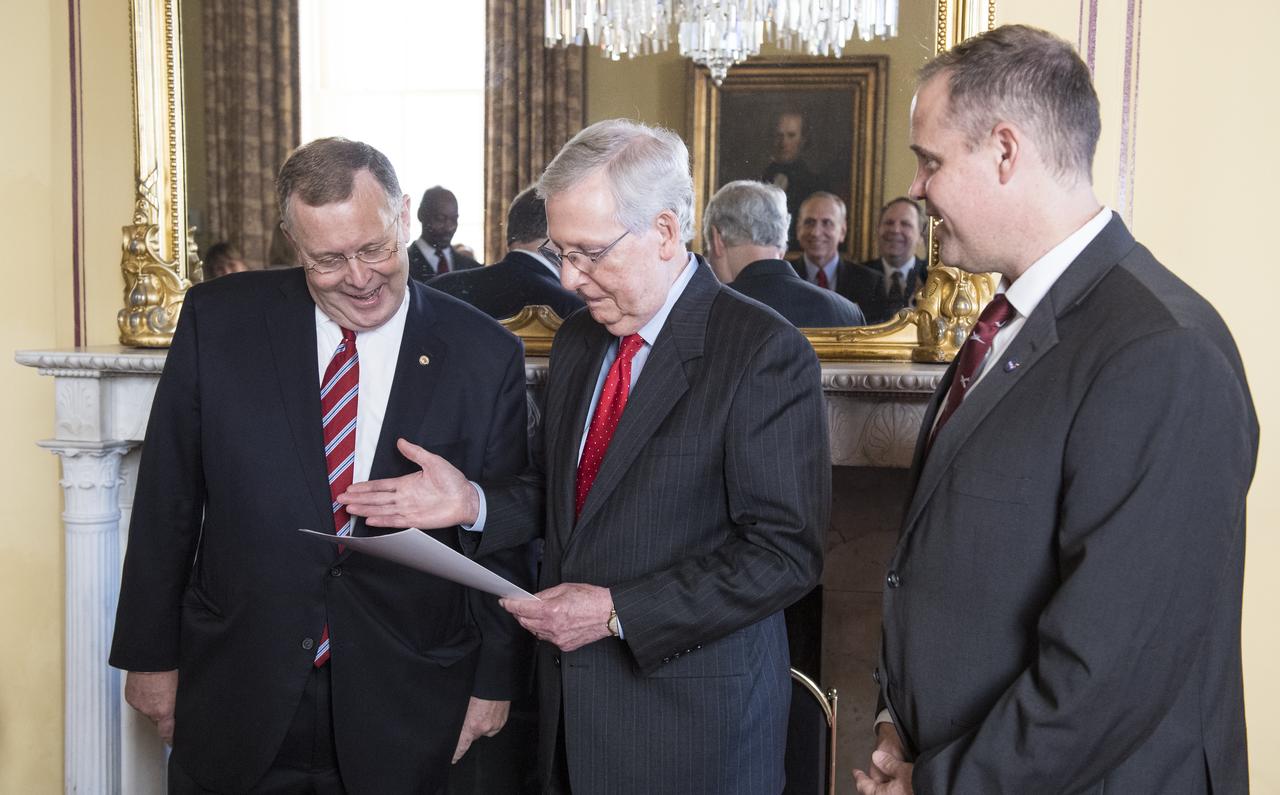 Jim Morhard, left, is sworn in as the 14th NASA Deputy Administrator by Senate Majority Leader Mitch McConnell, R-Ky., as NASA Administrator Jim Bridenstine looks on, Wednesday, Oct. 17, 2018 in the United States Capitol. Photo Credit: (NASA/Joel Kowsky)
