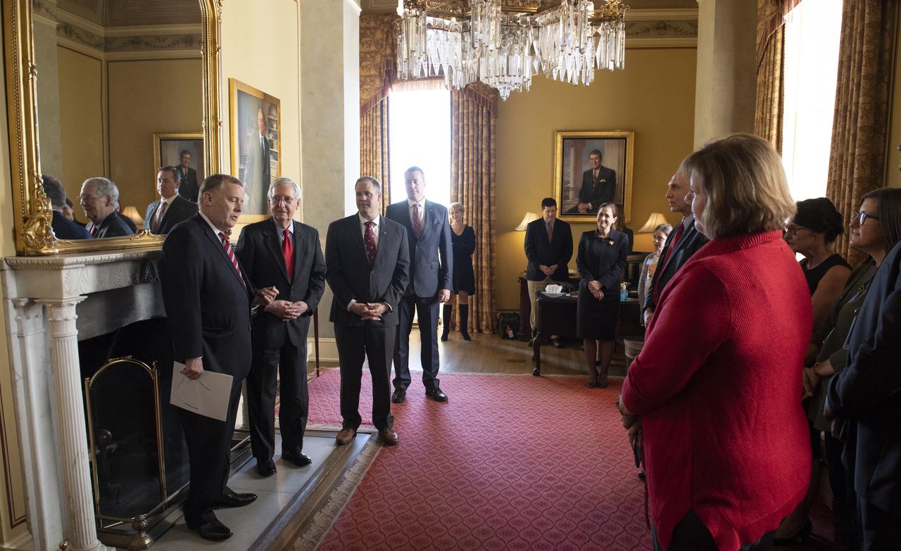 Jim Morhard, left, speaks to those gathered after being sworn in as the 14th NASA Deputy Administrator by Senate Majority Leader Mitch McConnell, R-Ky.,Wednesday, Oct. 17, 2018 in the U.S. Capitol. Photo Credit: (NASA/Joel Kowsky)