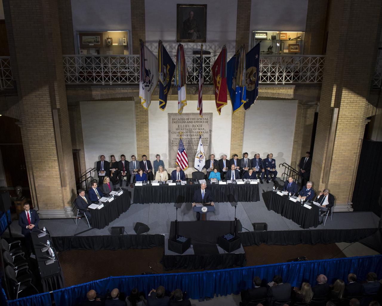 Vice President Mike Pence delivers opening remarks during the National Space Council meeting titled, Moon, Mars, and Worlds Beyond, Winning the Next Frontier, Tuesday, Oct. 23, 2018 at the National War College at Fort Lesley J. McNair in Washington. Chaired by the Vice President, the council's role is to advise the President regarding national space policy and strategy, and review the nation's long-range goals for space activities.Photo Credit: (NASA/Aubrey Gemignani)