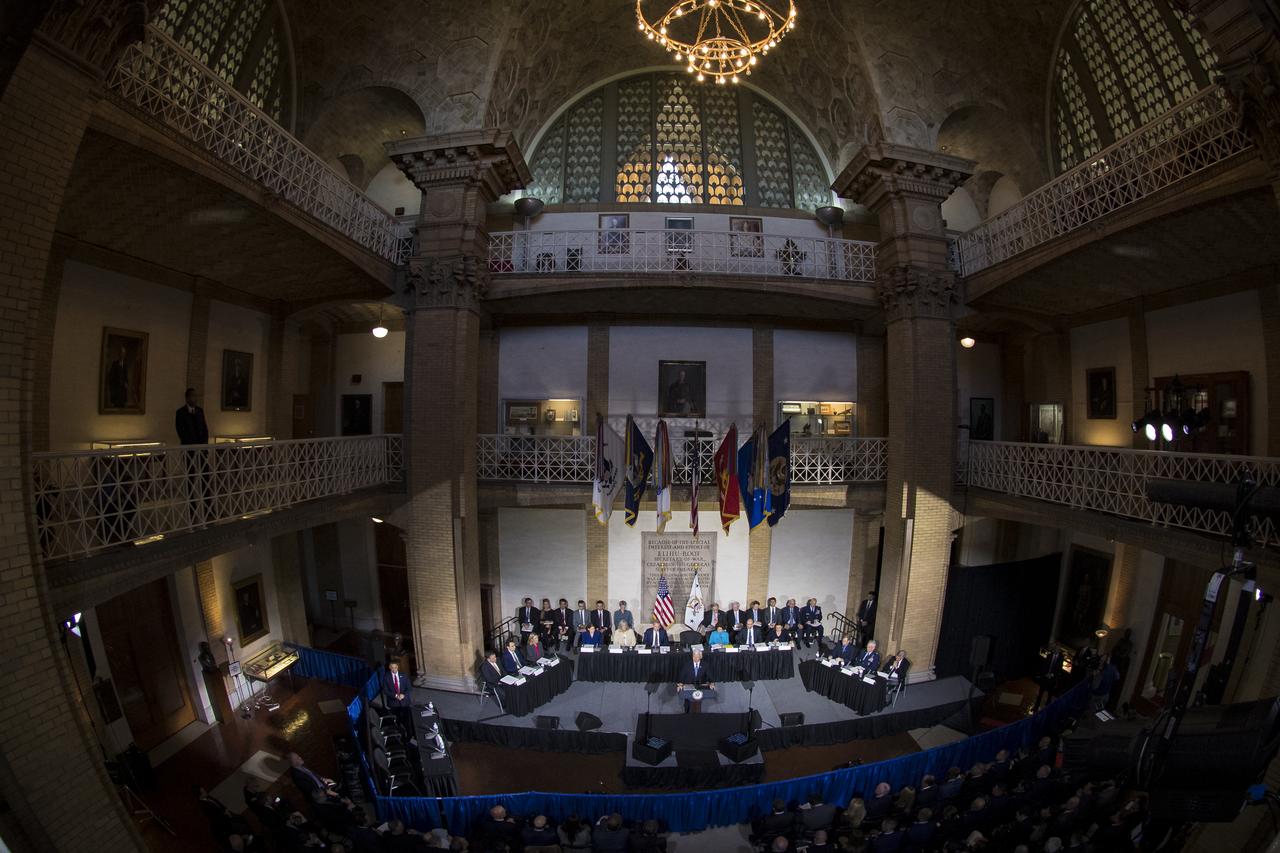 Vice President Mike Pence delivers opening remarks during the National Space Council meeting titled, Moon, Mars, and Worlds Beyond, Winning the Next Frontier, Tuesday, Oct. 23, 2018 at the National War College at Fort Lesley J. McNair in Washington. Chaired by the Vice President, the council's role is to advise the President regarding national space policy and strategy, and review the nation's long-range goals for space activities.Photo Credit: (NASA/Aubrey Gemignani)