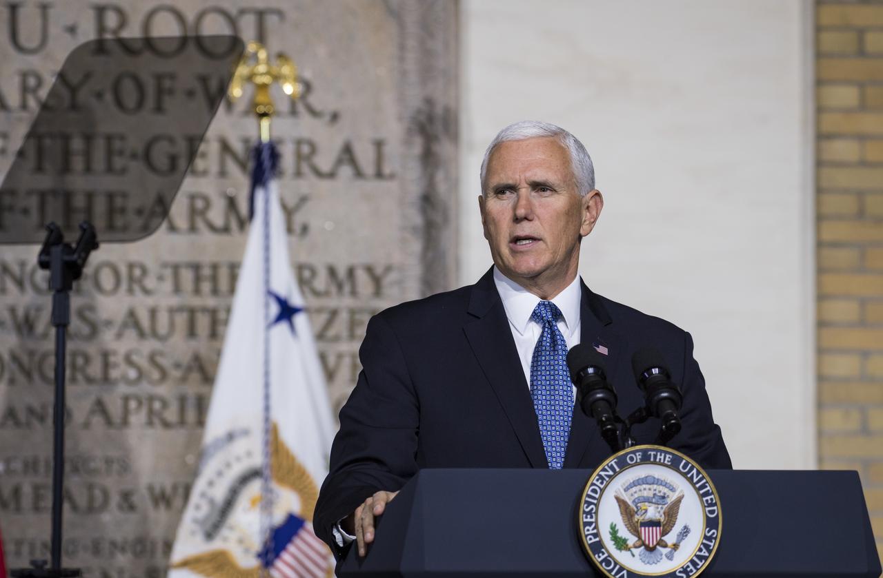 Vice President Mike Pence delivers opening remarks during the National Space Council meeting titled, "Moon, Mars, and Worlds Beyond, Winning the Next Frontier," Tuesday, Oct. 23, 2018 at the National War College at Fort Lesley J. McNair in Washington. Chaired by the Vice President, the council's role is to advise the President regarding national space policy and strategy, and review the nation's long-range goals for space activities.Photo Credit: (NASA/Aubrey Gemignani)